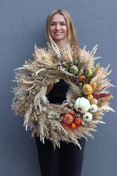 Boho House, wianek jesienny z wrzosami i dyniami, śr.58cm