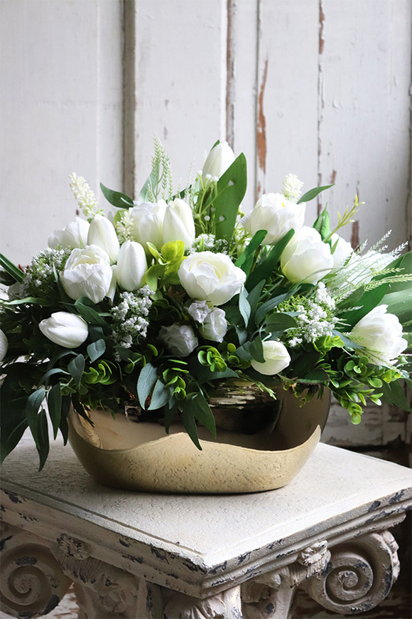 Tulippo, kompozycja wiosenna w złotym naczyniu, wym.34x60cm 