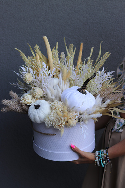 Pumpkin Creme, jesienny flowerbox z dyniami, wys.43cm 