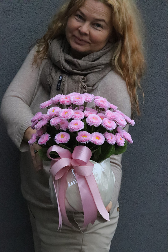 Stokrotki, wiosenna kompozycja kwiatowa w doniczce