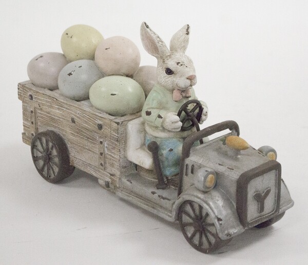 OD RĘKI Automobil A, figurka zając królik auto Wielkanoc, wym.15.5x25x9cm