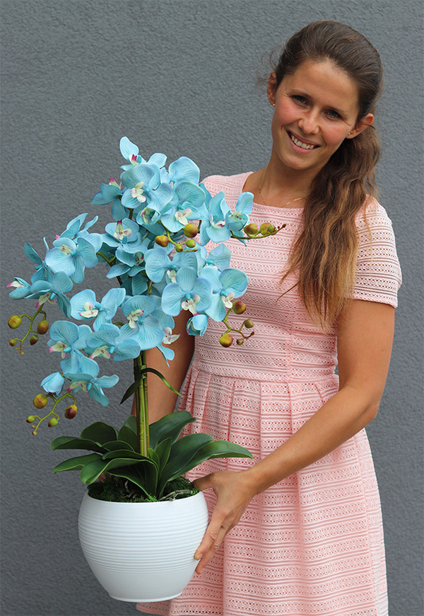 Turkusina Selenia, sztuczny storczyk w białej donicy, wys.65cm