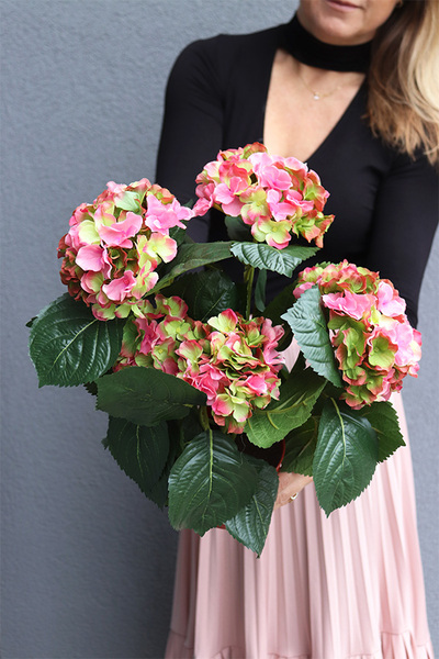 doniczkowa hortensja Różowo-Zielona, wysokiej jakości sztuczne kwiaty