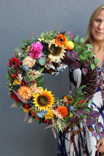 wianek jesienny z dynią i słonecznikiem, Kazimira Noleto