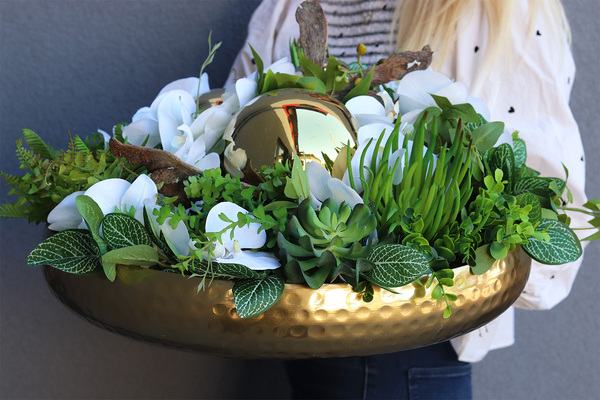 Goldenito Dekoria, kompozycja ze storczykiem w złotej misie, wym 29x54cm 