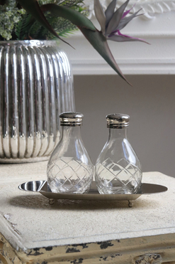 Glamour solniczka i pieprzniczka z tacką, wys.13cm