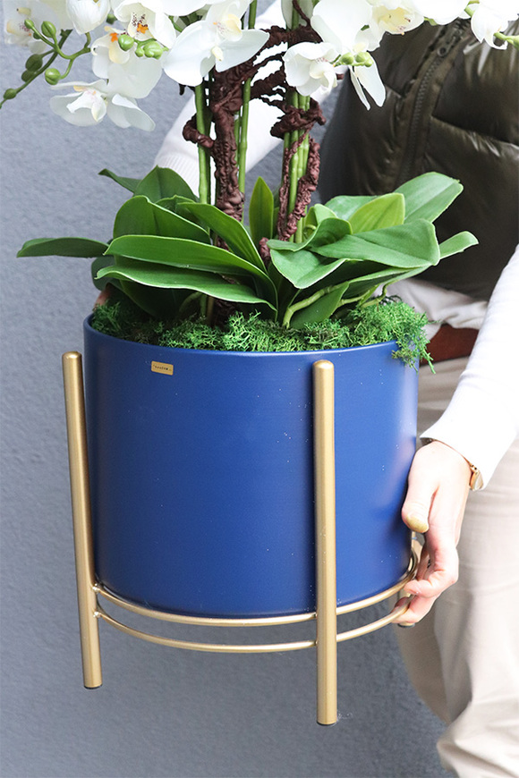 Neomi Big, sztuczny storczyk w niebieskiej donicy na stojaku