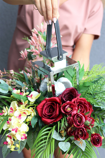 Angelo Garden Bordo Silver, lampion nagrobny z kwiatami, wys.42cm 