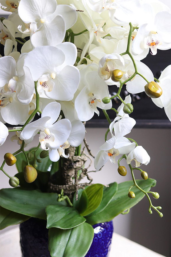 Belia Blue, biały sztuczny storczyk w niebieskiej donicy