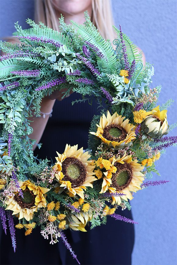 Sunflowers, asymetryczny jesienny wianek, śr.45cm