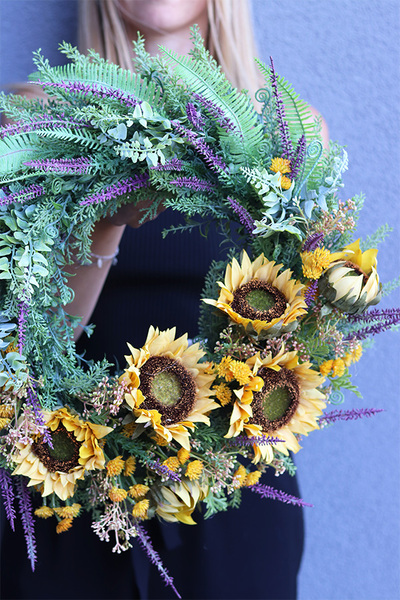 Sunflowers, asymetryczny jesienny wianek, śr.45cm