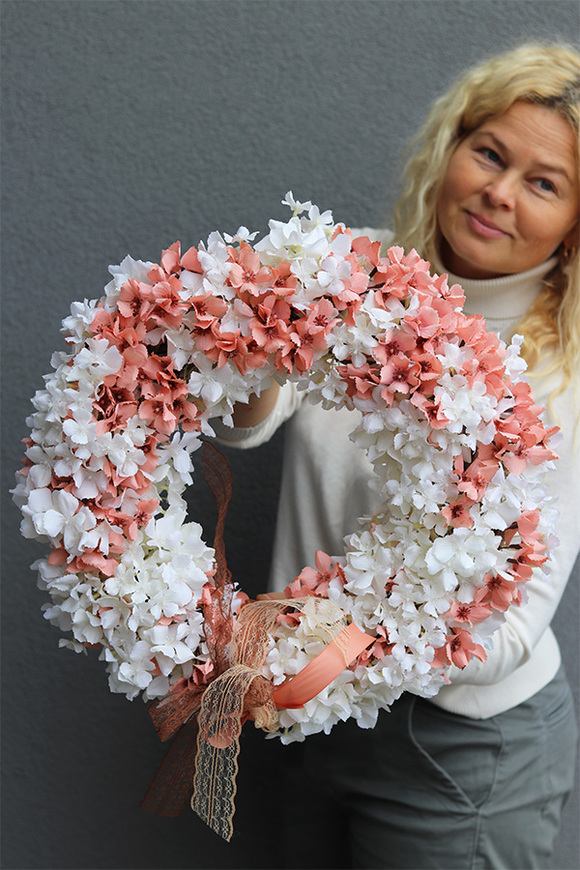 Hortensja Beige&White, romantyczny wianek na drzwi