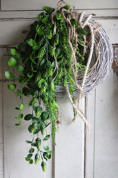 Chmielowy, zielony wianek na drzwi, śr.30cm