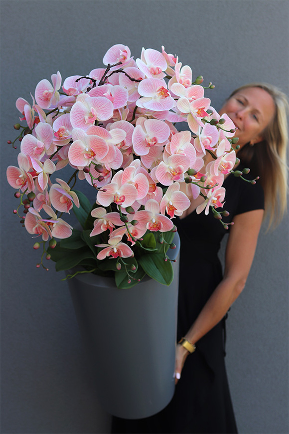 Pastelovy Róż Fiberglass, gumowy storczyk w szarej donicy