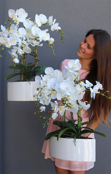 Manfredo Cream, sztuczny storczyk w białej donicy, wys.60cm