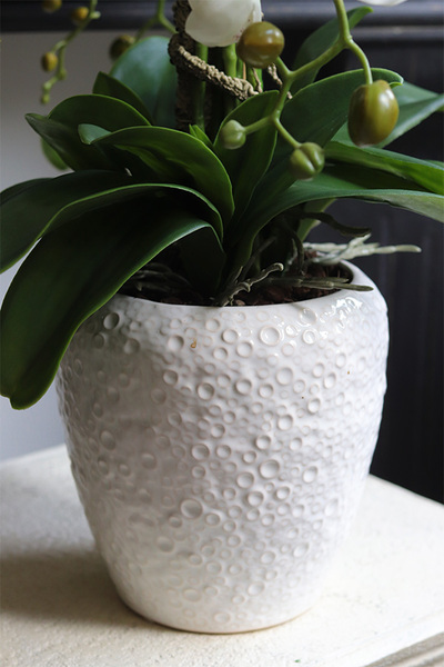 Belia White, biały sztuczny storczyk w białej donicy