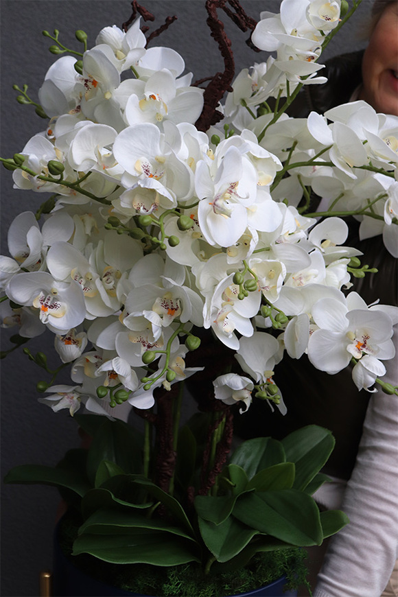 Neomi Big, sztuczny storczyk w niebieskiej donicy na stojaku