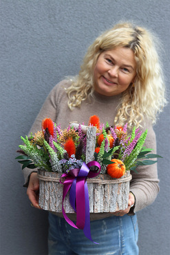 Jesienny Dyniowy 3, kompozycja w koszyku, wym.28x29cm