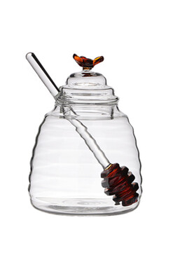 OD RĘKI Amber Bee, szklany pojemnik na miód z nabierakiem, poj.350ml 