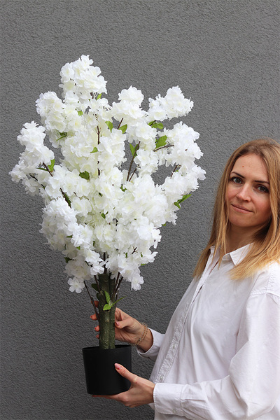Kwitnąca Wiśnia, sztuczna roślina w doniczce, biała