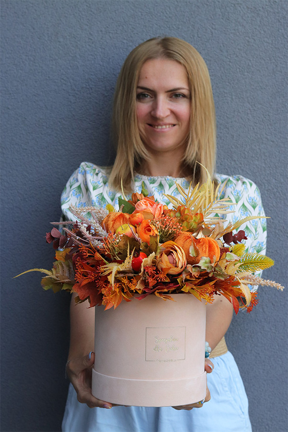 Prefunia Autumn, welurowy flowerbox jesienny, wym.34x34cm