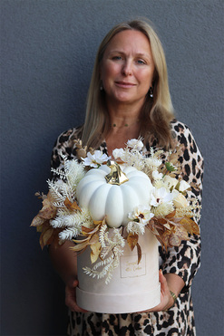 Jesienny Czas, welurowy flowerbox jesienny z dynią, wys.40cm