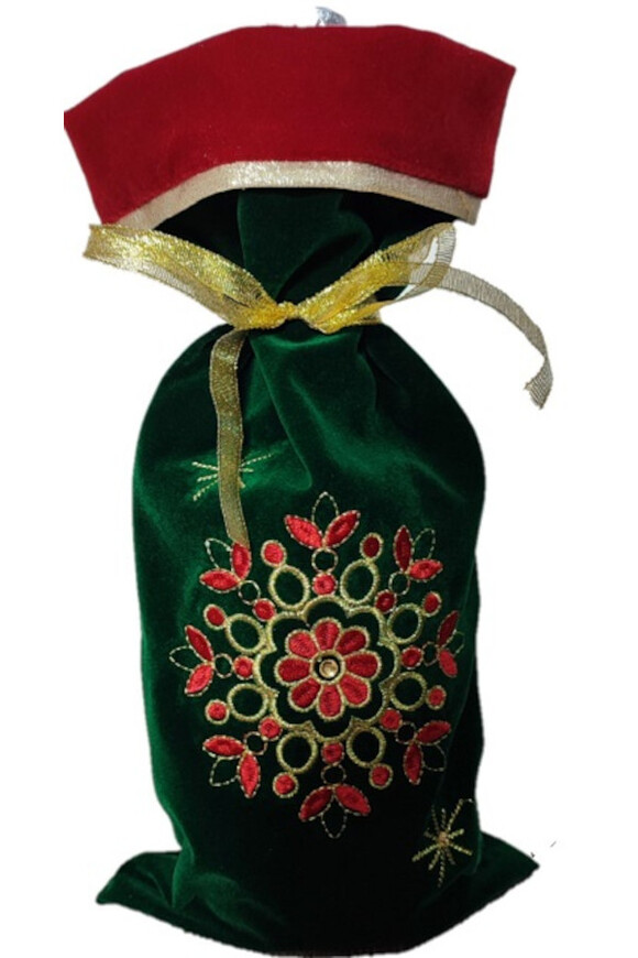 Christmas Mood, haftowana torba na butelkę, zielona