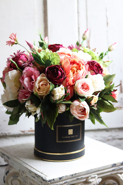 czarny flowerbox z różowymi kwiatami, Marzenna, wys.40cm