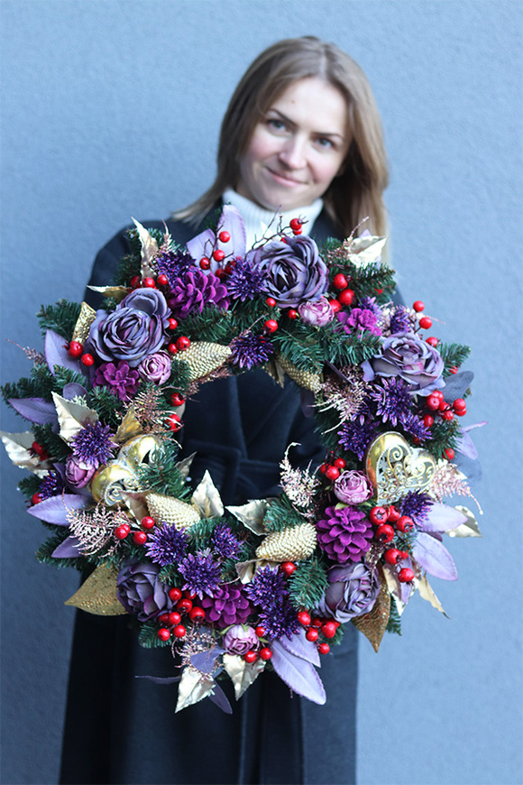 Fioletowa Zima, świąteczny wianek na drzwi, śr.46cm