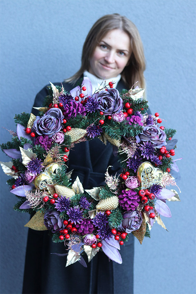 Fioletowa Zima, świąteczny wianek na drzwi, śr.46cm