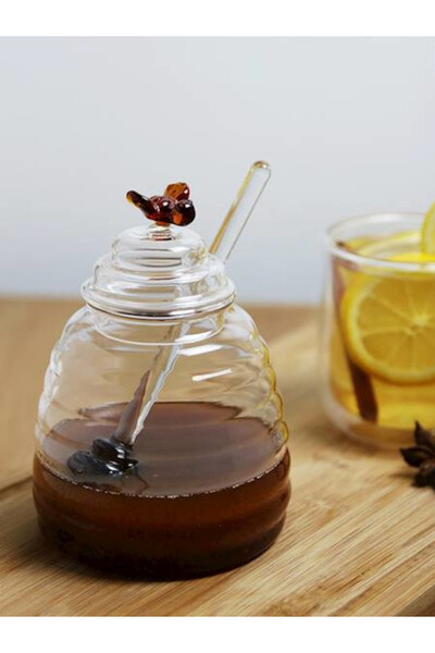 Amber Bee, szklany pojemnik na miód z nabierakiem	