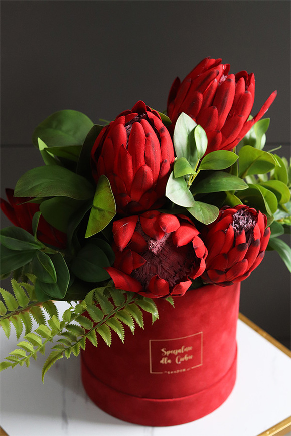 Czerwone Love, flowerbox na walentynki z proteą