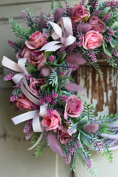 dekoracyjny wianek z różowymi kwiatami, Violetta, rozp.35cm