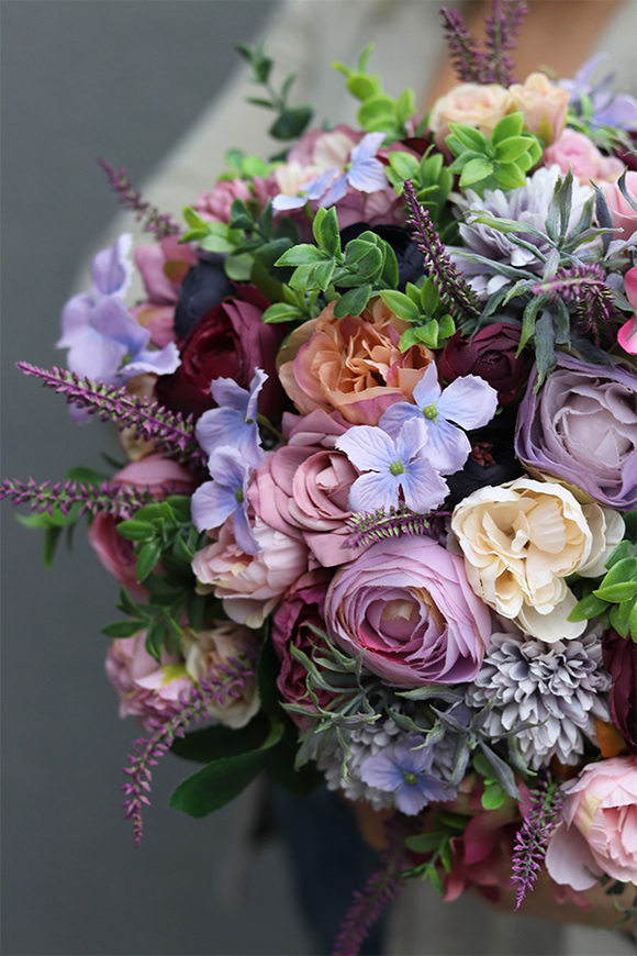 bogaty flowerbox z fioletowymi kwiatami, Gerrista, wym.29x26cm 