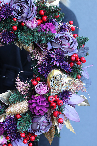 Fioletowa Zima, świąteczny wianek na drzwi, śr.46cm