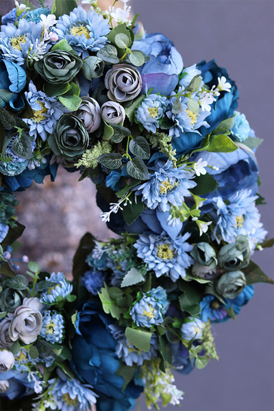 bogaty wianek na drzwi, Niebieska Mgła, śr.43cm