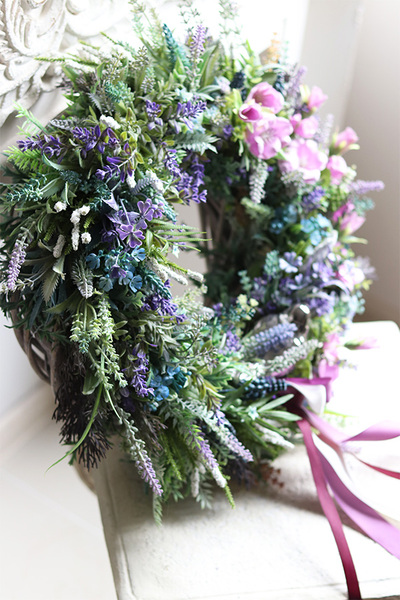 Viella, wianek z lawendą, szafirkami i ptaszkiem