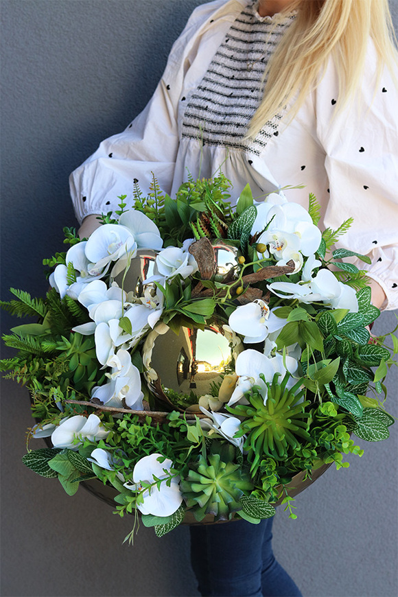 Goldenito Dekoria, kompozycja ze storczykiem w złotej misie, wym 29x54cm 