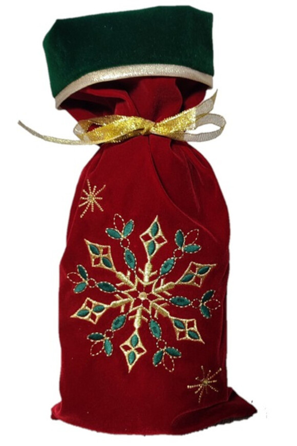 Christmas Mood, haftowana torba na butelkę, bordowa