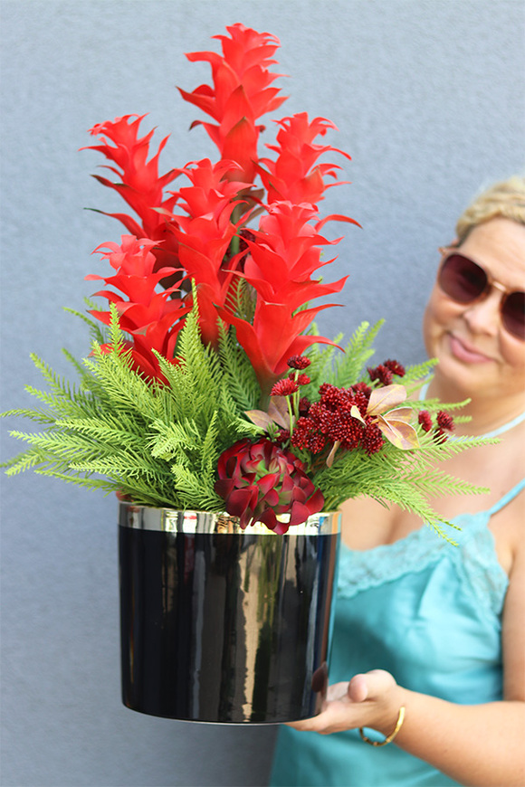 Bromelia Red, sztuczna roślina w doniczce