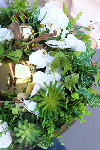 Goldenito Dekoria, kompozycja ze storczykiem w złotej misie, wym 29x54cm 