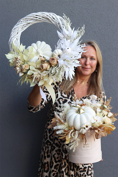 Jesienny Czas, welurowy flowerbox jesienny z dynią