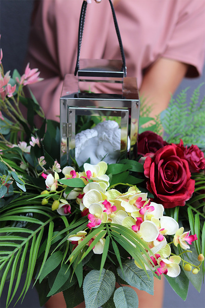 Angelo Garden Bordo Silver, lampion nagrobny z kwiatami, wys.42cm 