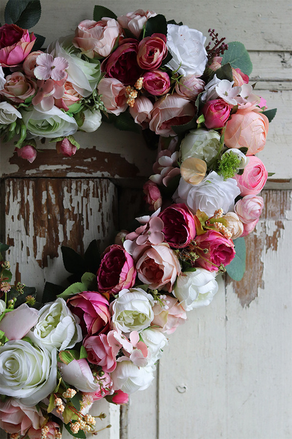 dekoracyjny wianek - serce kwiatowe, Pink Heart, wym.45x45cm 