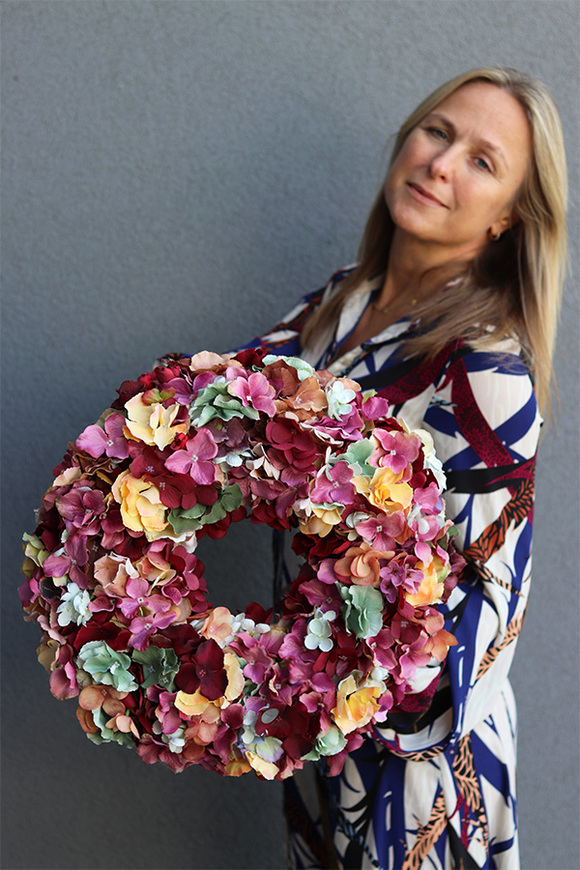 Jesienne Hortensje 3, barwny wianek na drzwi, śr.40cm