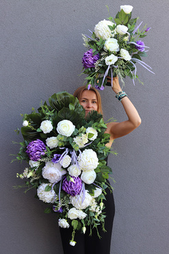 Heraklia, biało fioletowy komplet dekoracji nagrobnych, wiązanka & bukiet