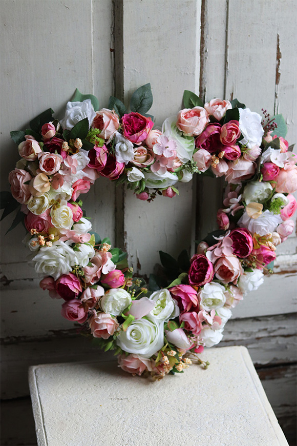 dekoracyjny wianek - serce kwiatowe, Pink Heart, wym.45x45cm 