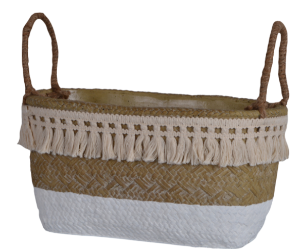 Boho White, kosz podłużny / osłonka na donicę, ceramiczna, biały, wym.36x19x17cm