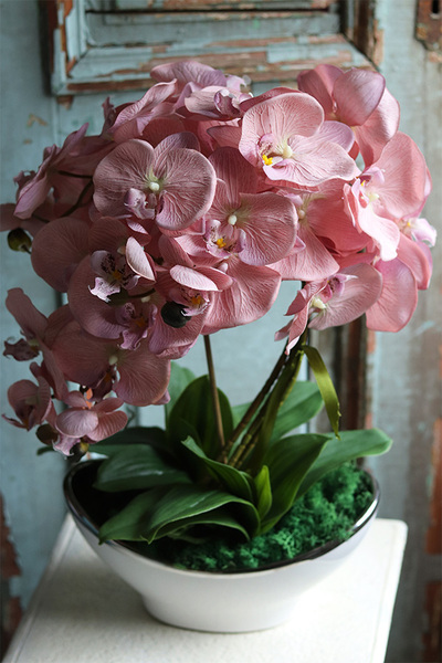 Fortuna, elegancki, pudrowy storczyk w białej donicy glamour, wys.56cm