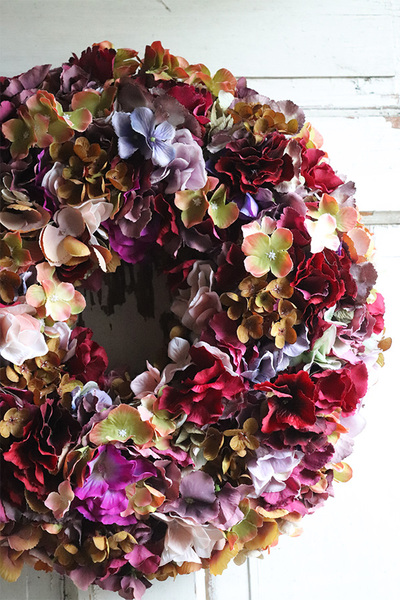 Brązowa Hortensja Nova, jesienny wianek na drzwi, śr.40cm